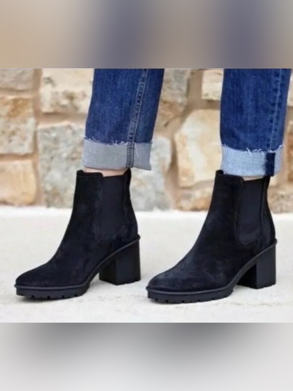 Vince Camuto Black Suede Chelsea Block Heel Ankle Boots
